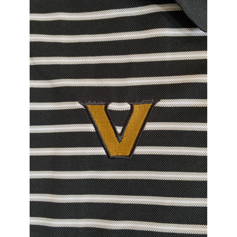Nike Dri-FIT Mens Large Black White Striped V Logo Golf Polo Shirt Short Sleeve